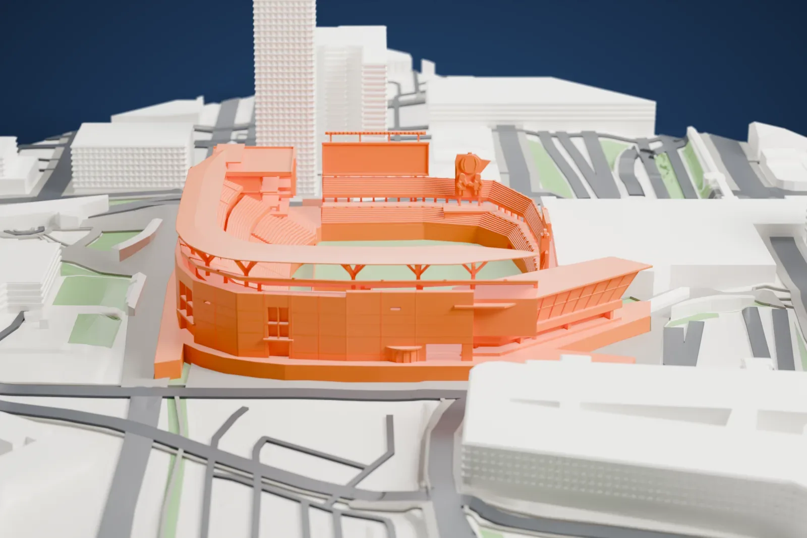 A white 3D print of Target Field with its sweeping thin canopy and open bowl, set among the streets and buildings of the historic warehouse district.