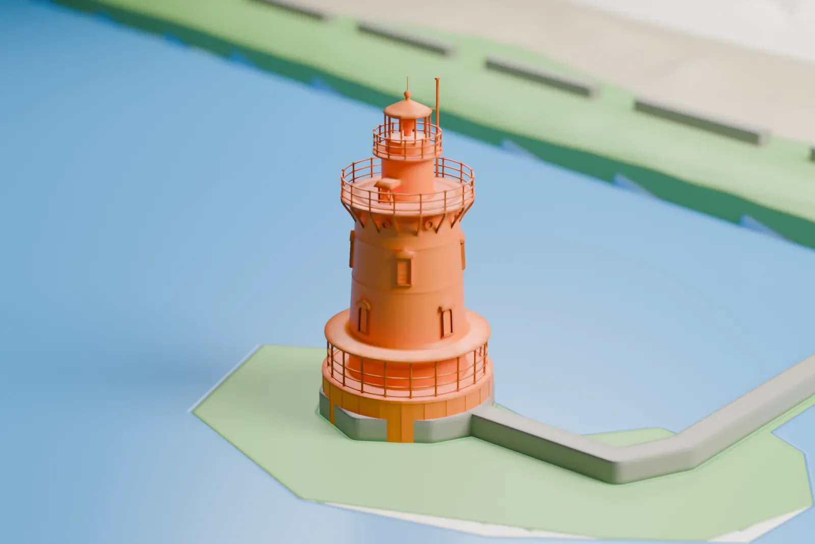 A white 3D print of Tarrytown Light, a conical lighthouse with railed catwalks on a small green islet in blue water, with a walkway leading toward shore.
