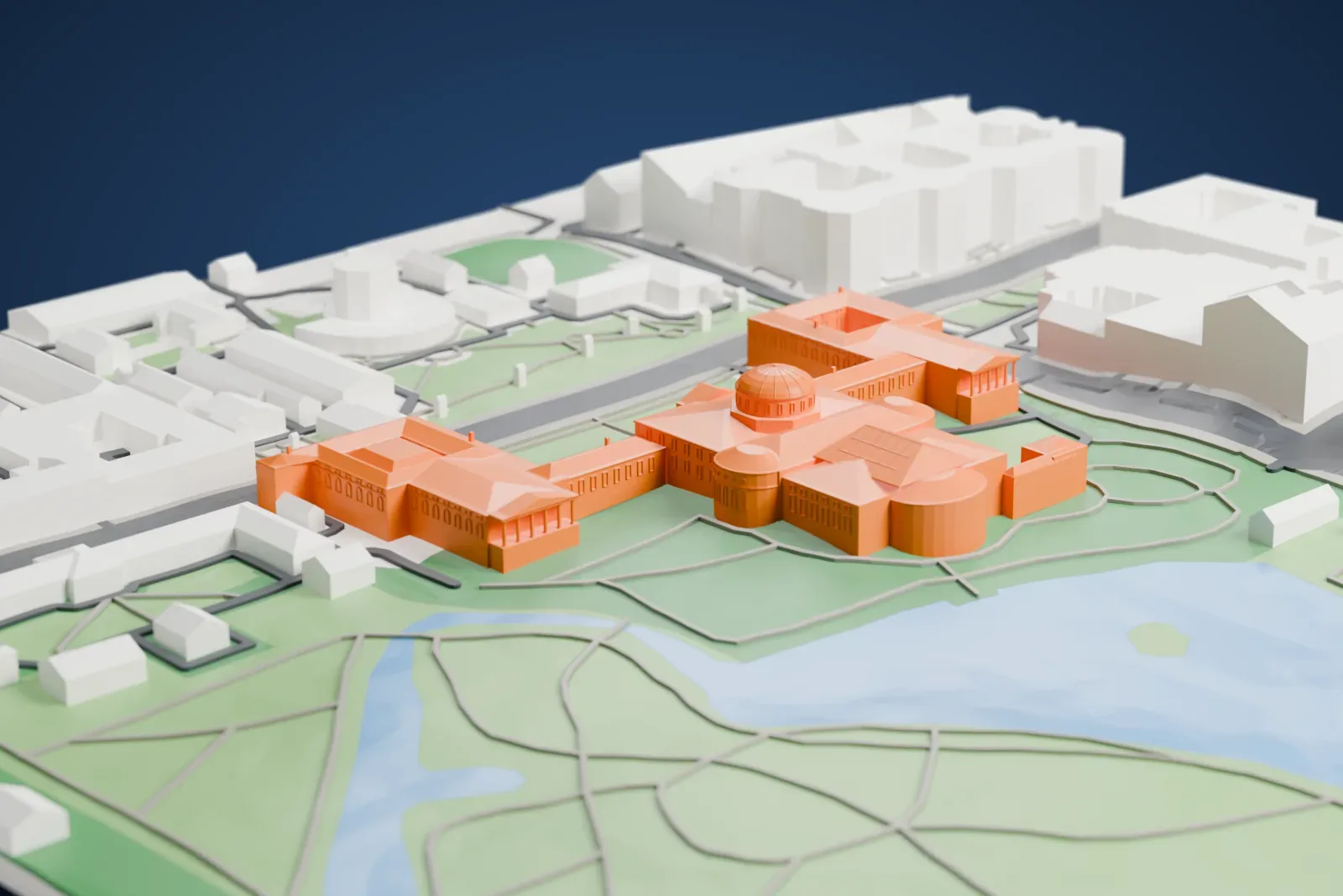 A white 3D print of the Tauride Palace, a Palladian palace with a columned portico and a shallow dome, among the surrounding streets and buildings.