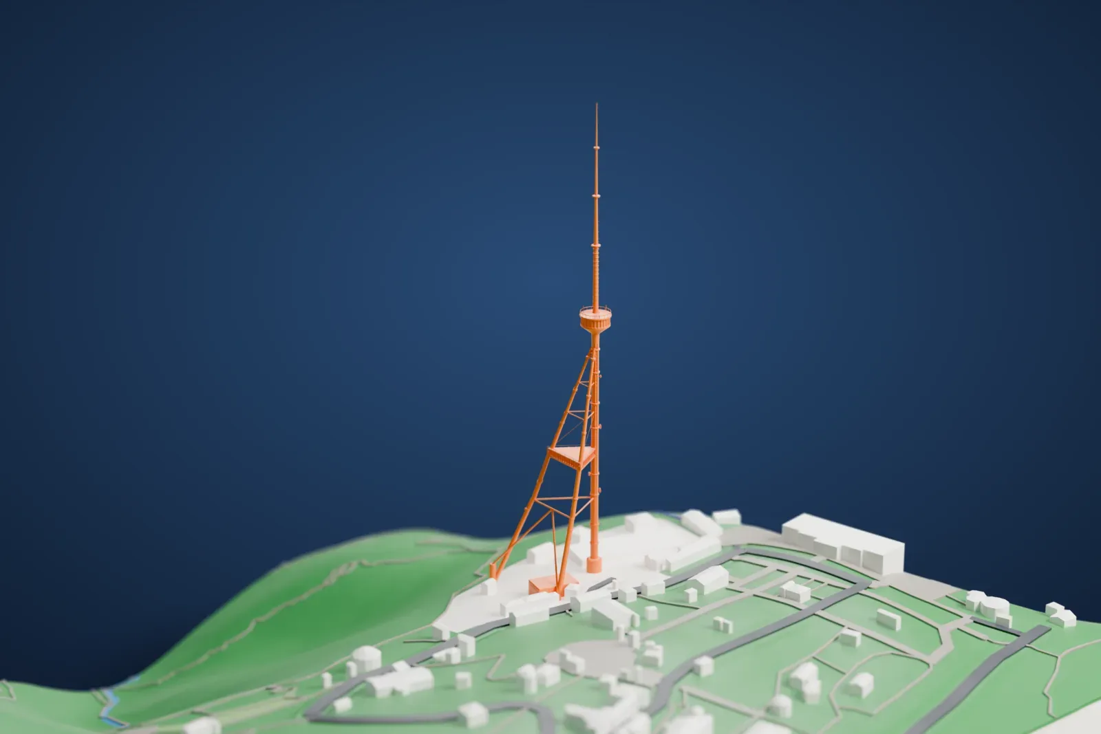 A white 3D print of the Tbilisi TV Broadcasting Tower, a very tall thin mast with a round platform and slanted support legs, among surrounding buildings.