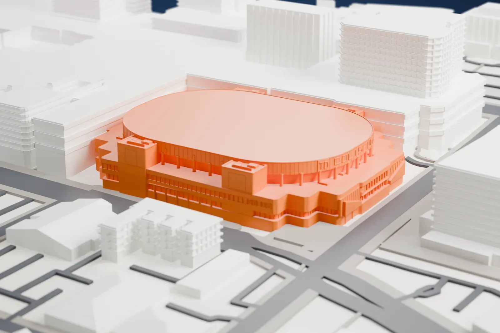A white 3D print of the TD Coliseum with its broad rounded drum and four stair towers, set among the streets and buildings of Hamilton.