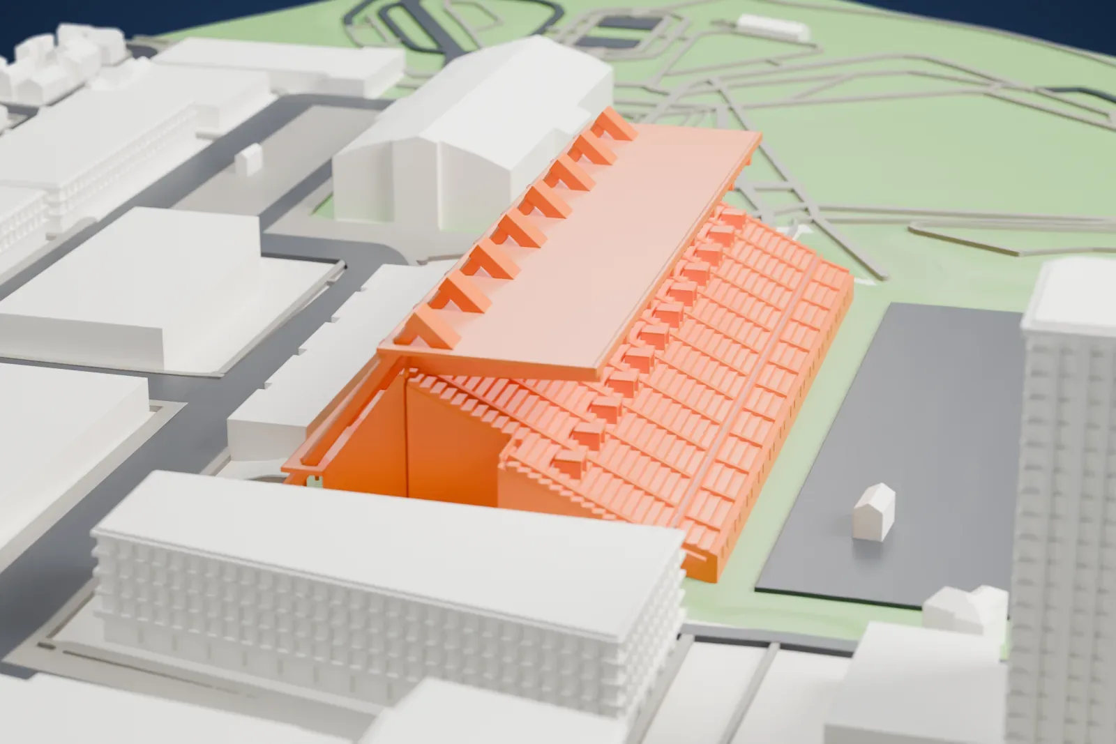A white 3D print of TD Place Arena among the surrounding streets and buildings.