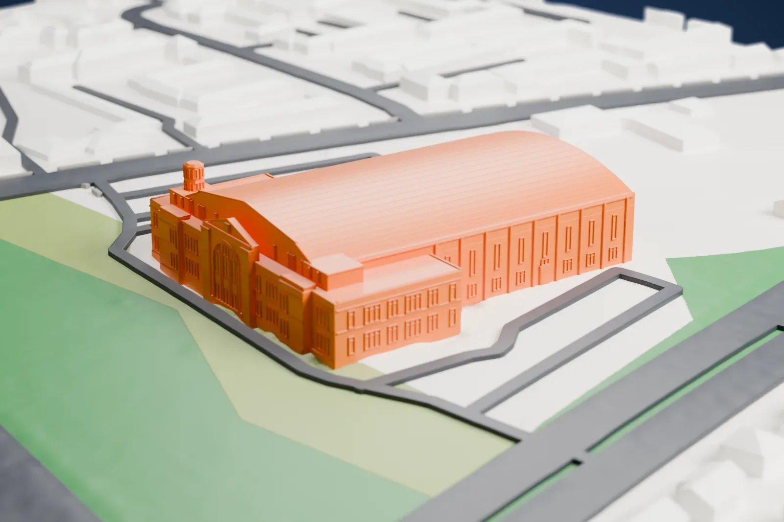 A white 3D print of Teaneck Armory, a long building with an arched roof and a pedimented entrance front, set among parking areas and green fields with houses nearby.