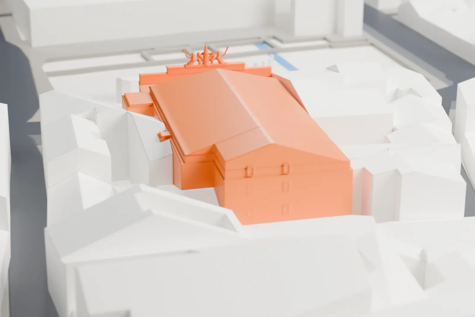 A white 3D print of the Teatro Argentina among the streets and buildings around its square in Rome.