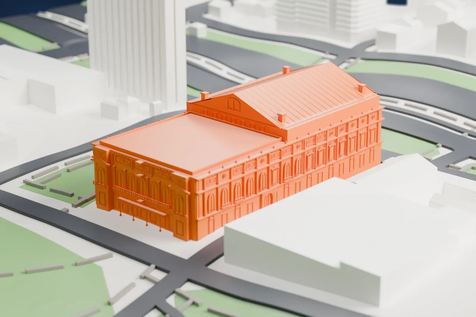 A white 3D print of Teatro Colón, a large opera house with a wide gabled roof and an arched, columned facade, surrounded by park blocks and city streets.