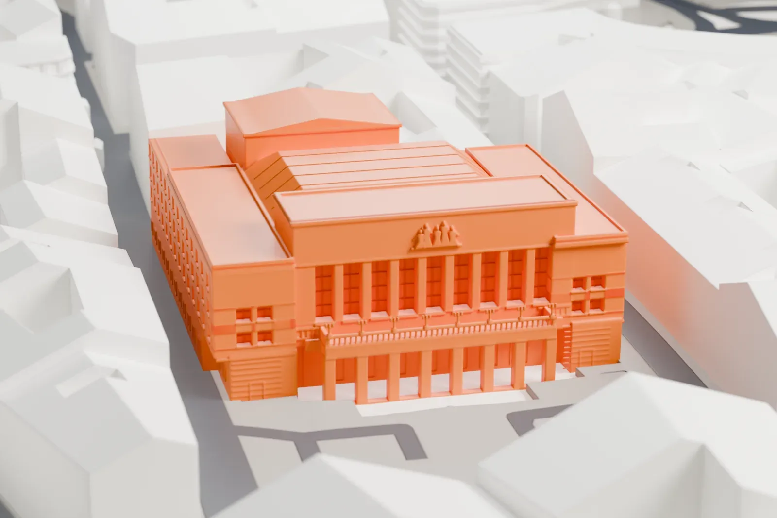 A white 3D print of Teatro dell'Opera di Roma with the surrounding streets and buildings.
