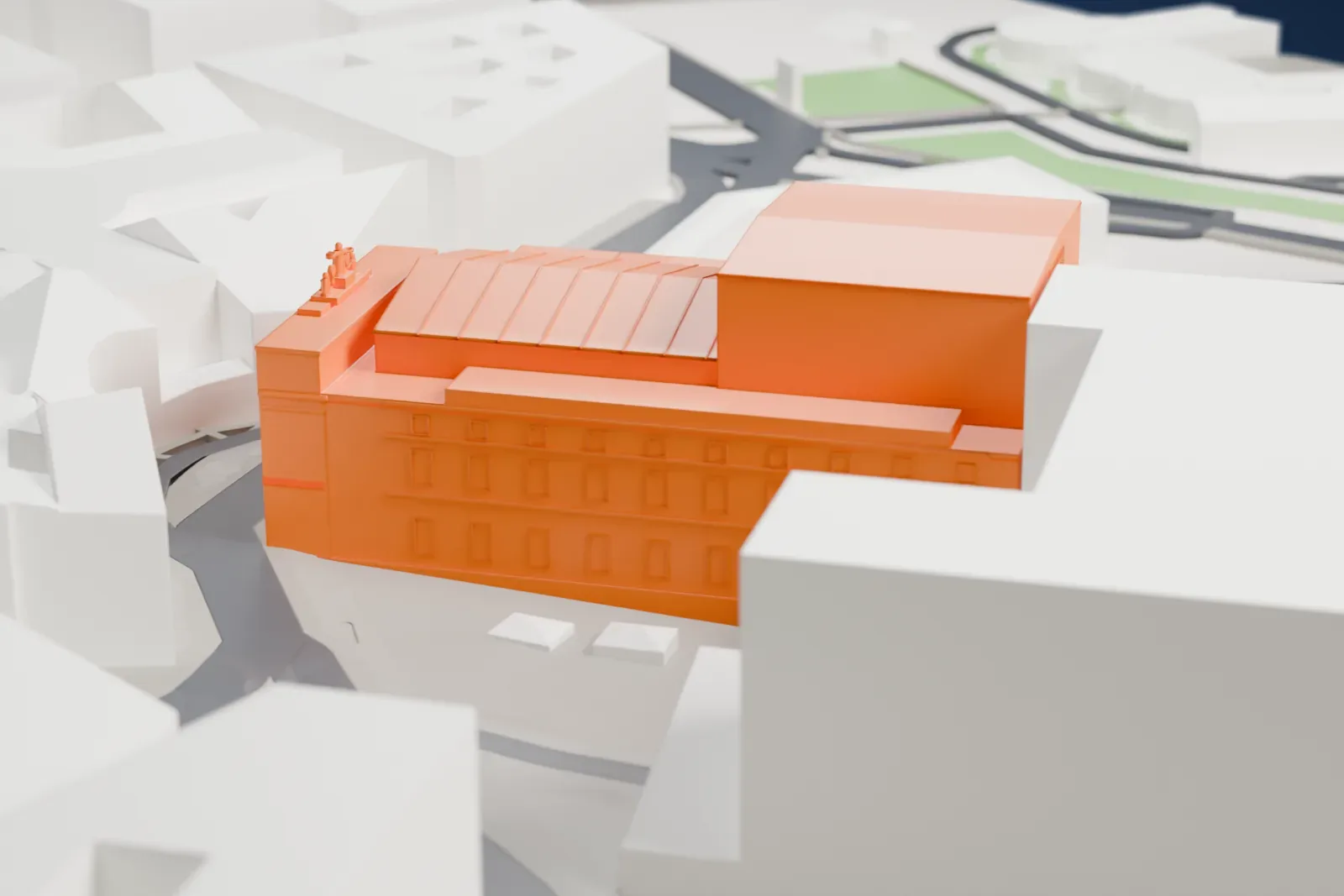 A white 3D print of the Teatro di San Carlo among surrounding streets and buildings.