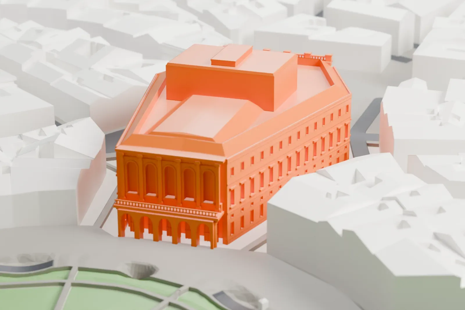 A white 3D print of the Teatro Real, a large opera house set among the surrounding streets and buildings.