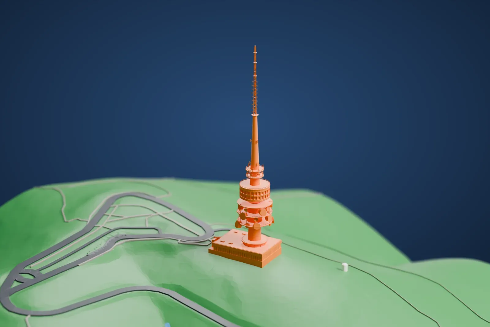 A white 3D print of the Telstra Tower, a tall tapered shaft with a wide equipment drum, a windowed observation drum and a lattice mast, standing above the surrounding city on Black Mountain.