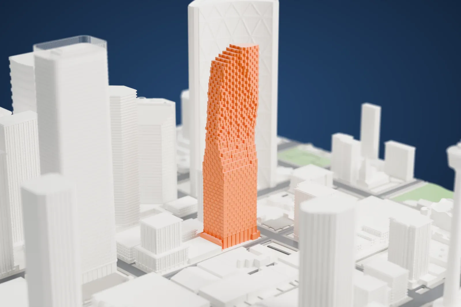 A white 3D print of Telus Sky among the surrounding streets and buildings.