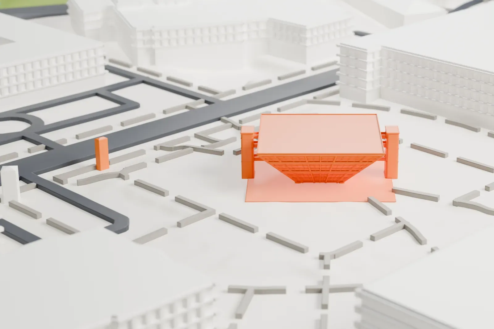 A white 3D print of the Tempe Municipal Building, an inverted pyramid with a wide flat roof and two free-standing towers, on a flat plaza with paths around it.