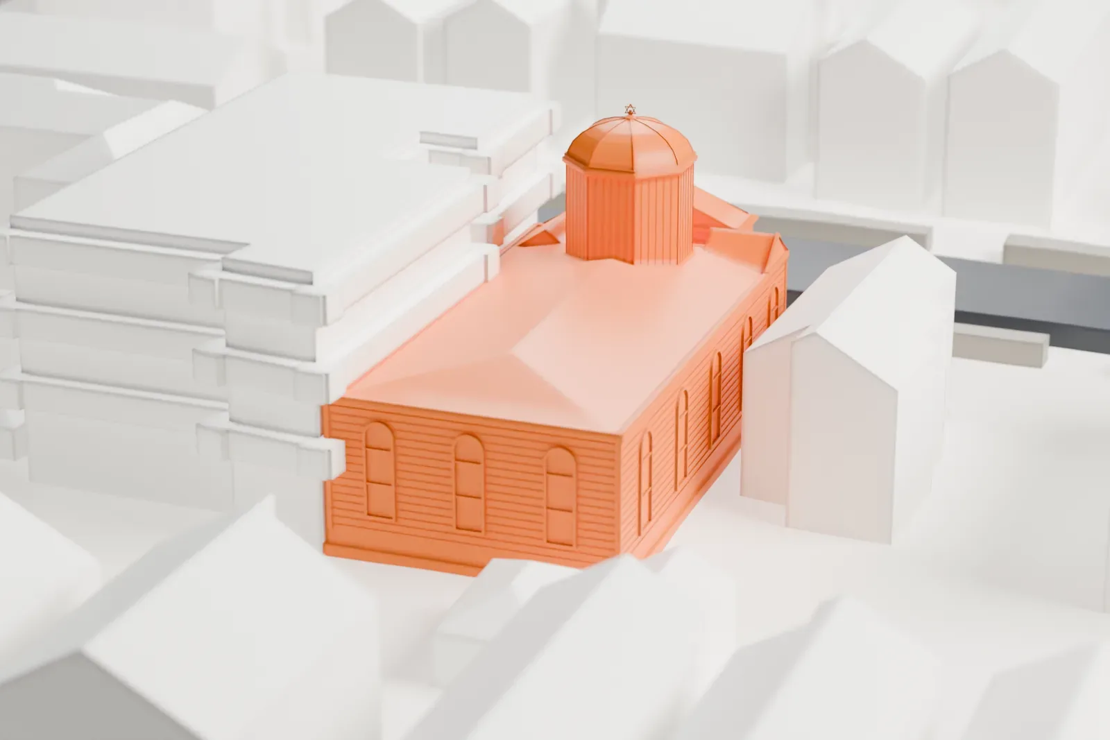 A white 3D print of Temple Emanu-El, a low synagogue with a ribbed dome and a small pedimented porch, packed between houses and larger buildings on a Staten Island street.