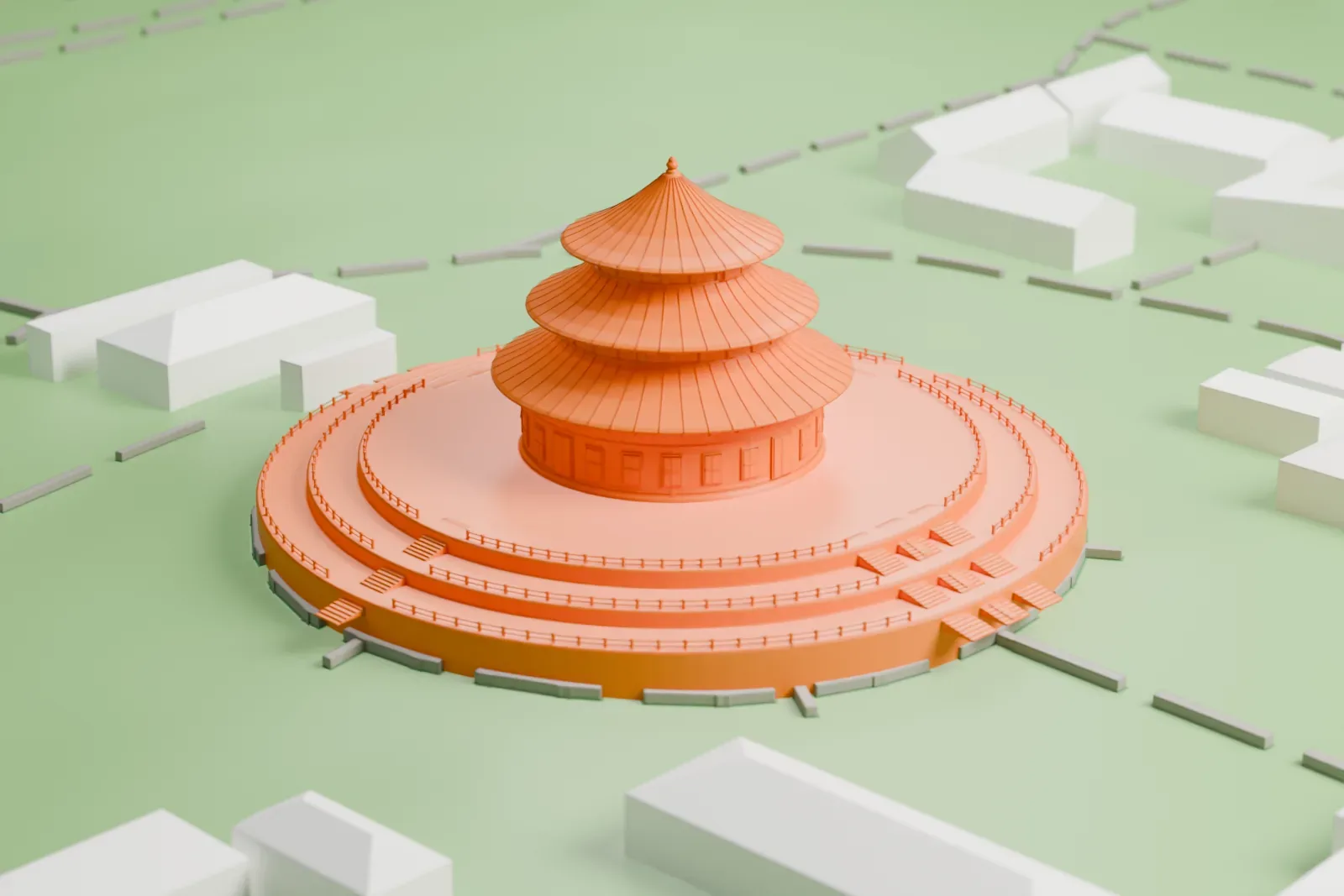 A white 3D print of the Temple of Heaven's round hall with three tiers of roofs, standing on a three-level circular base in a green park with paths and a few low buildings.
