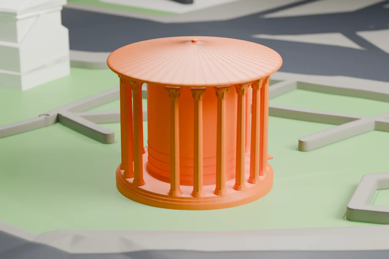 A white 3D print of the Temple of Hercules Victor, a round temple on its circular plan, standing among surrounding buildings.