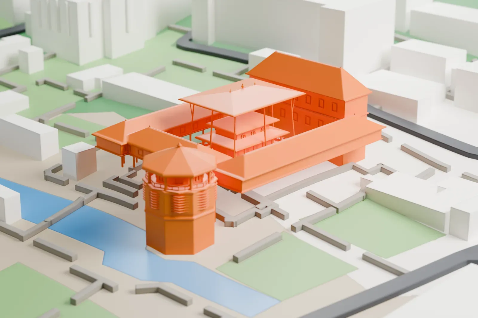 A white 3D print of the Temple of the Tooth, a group of hip-roofed halls beside an octagonal tower, with water next to it and buildings around.