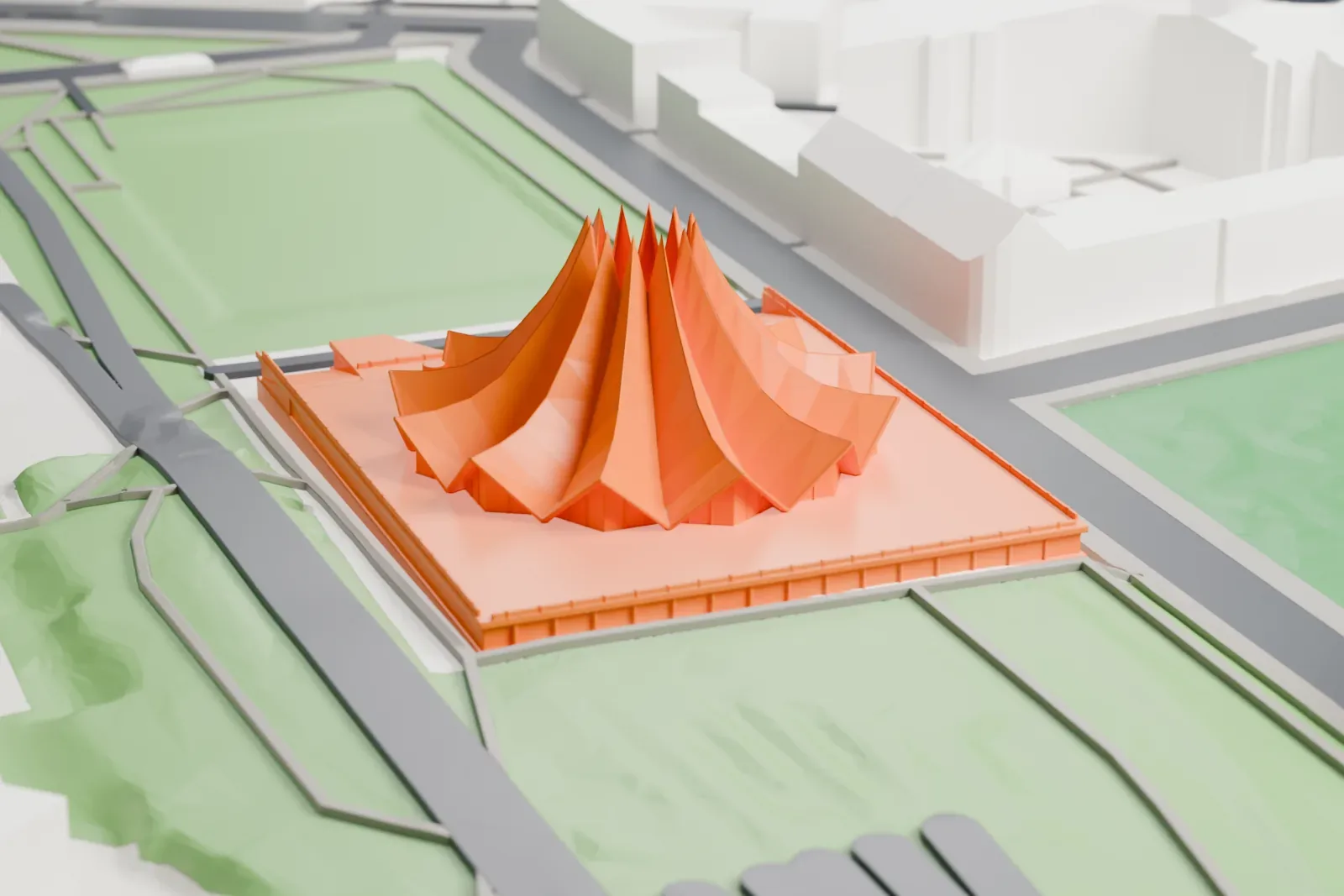 A white 3D print of the Tempodrom among surrounding streets and buildings.