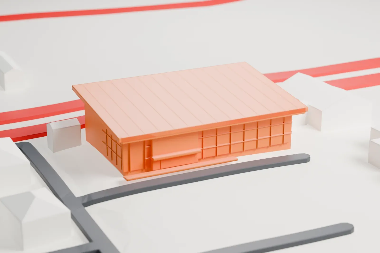 A white 3D print of the Termas de Río Hondo Motorsport Museum, a modern building at the race circuit among surrounding buildings.