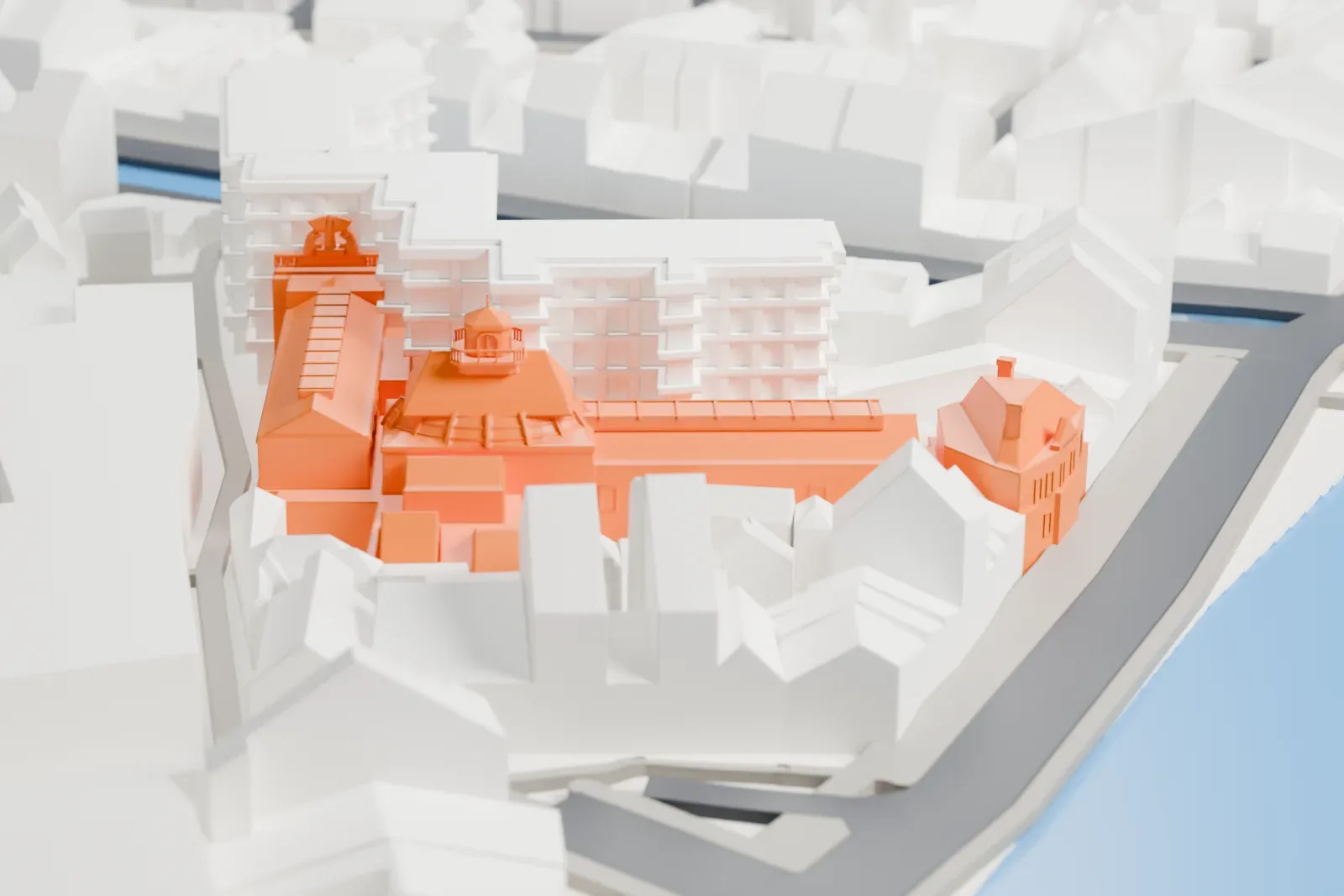 A white 3D print of Teylers Museum among the surrounding streets and buildings.