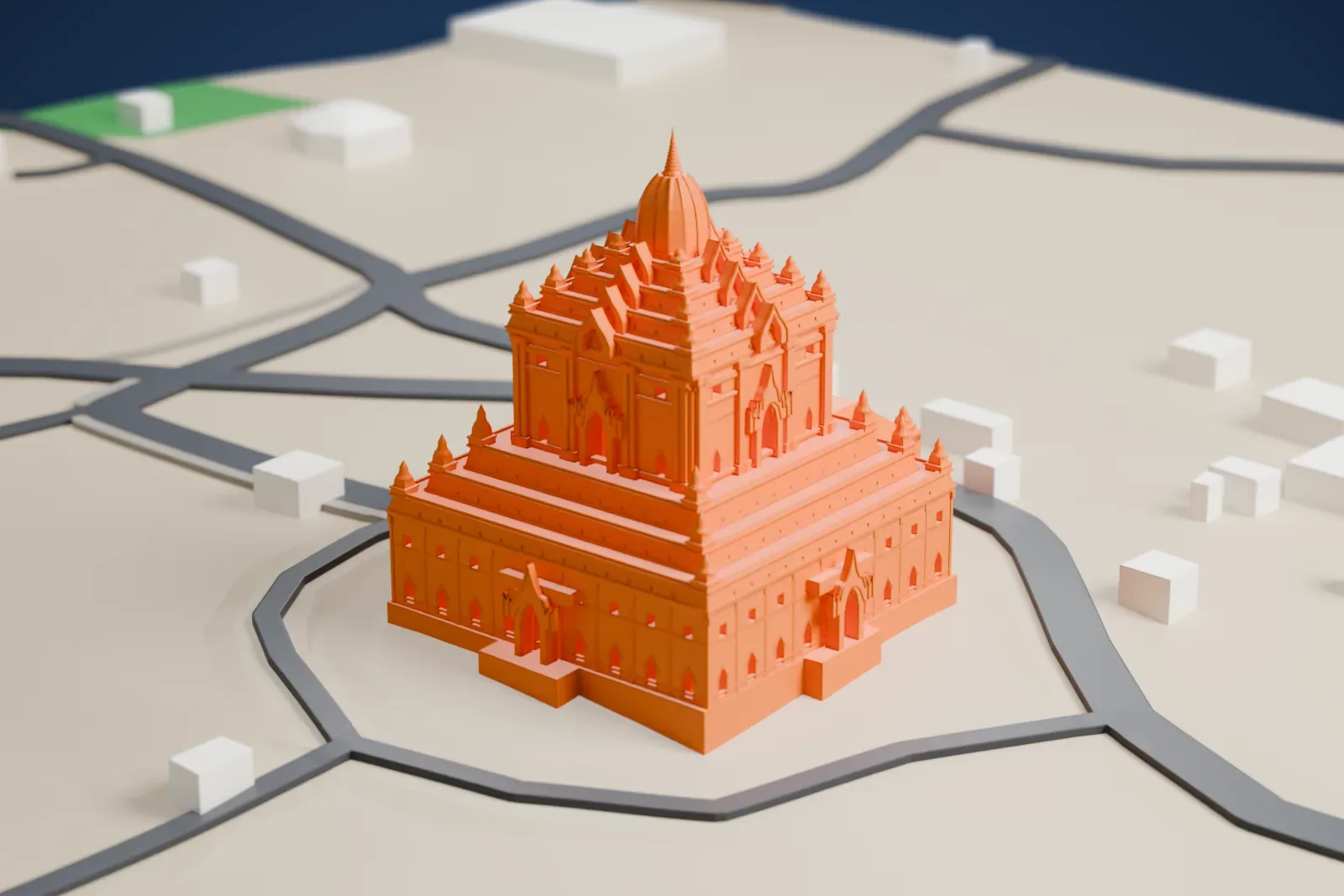 A white 3D print of the Thatbyinnyu Temple with the surrounding area.