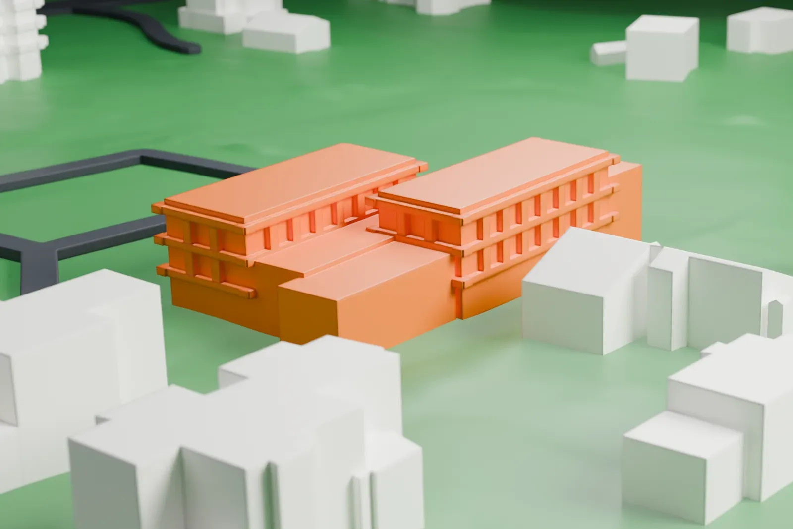 A white 3D print of The Aldrich Contemporary Art Museum, a cluster of low gabled buildings on green lawns beside a looping road.
