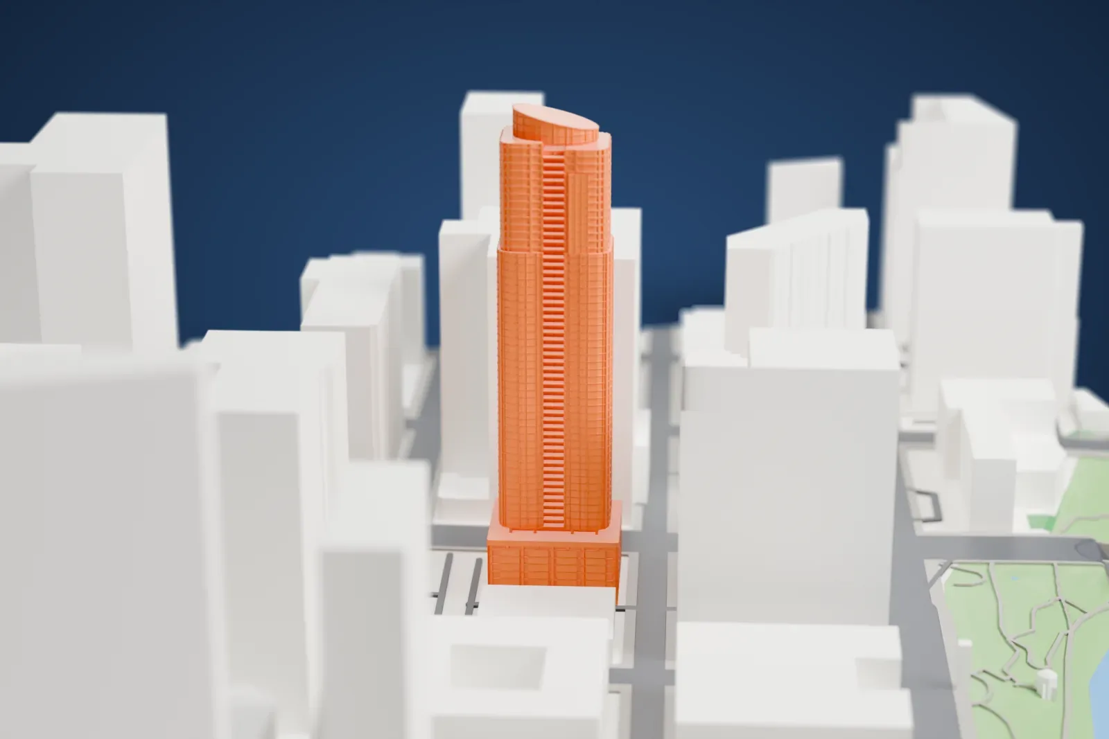 A white 3D print of The Austonian, a tall residential tower, among surrounding streets and buildings in Austin.