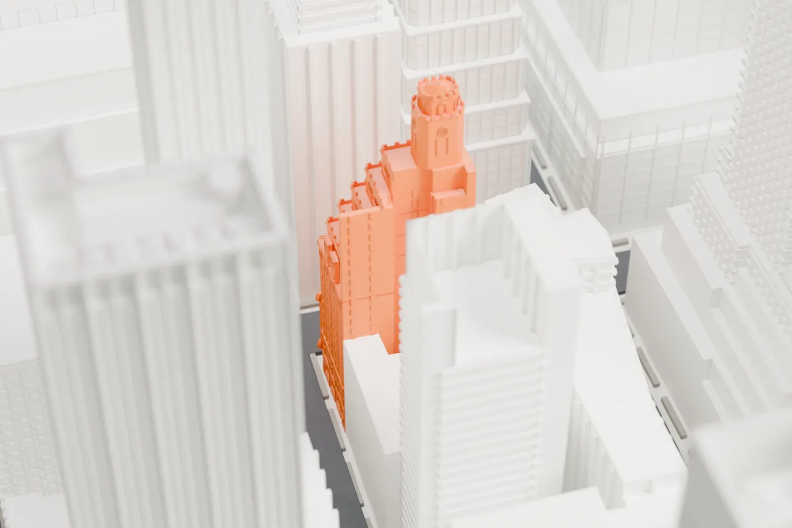 A white 3D print of The Benjamin, a slender stepped hotel tower with a small octagonal top, hemmed in by Midtown skyscrapers.