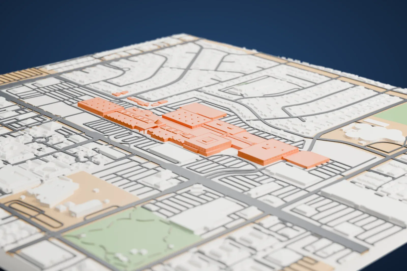 A white 3D print of The Boulevard Mall, a long, low, sprawling shopping complex with parking lots around it, set among neighborhood blocks and busy roads.