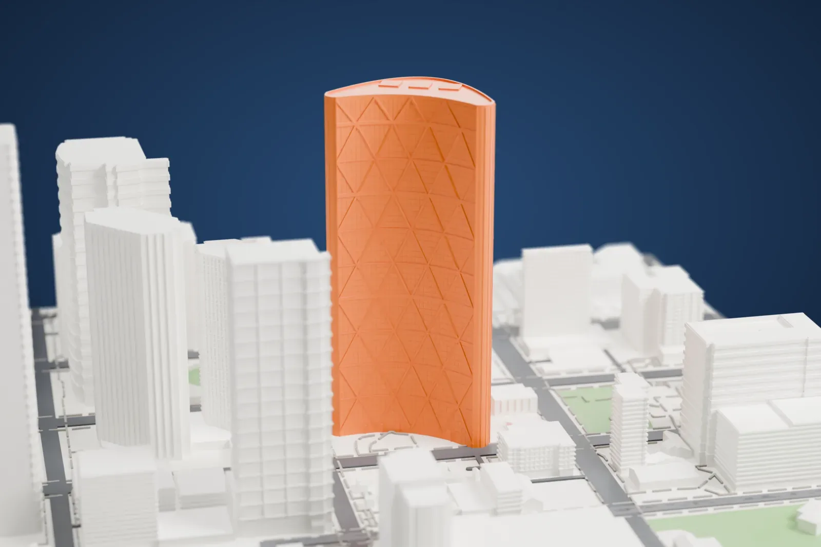 A white 3D print of The Bow, a tall crescent-shaped tower with a diagonal lattice on its facade, standing among other high-rise buildings and city streets.