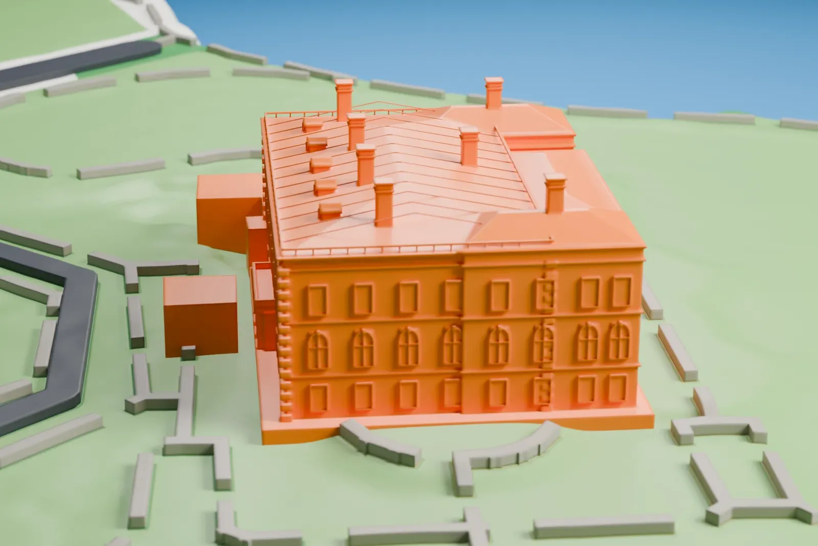 A white 3D print of The Breakers, a large mansion with a sloping roof, tall chimneys and arched loggias, standing on lawns with paths and a road nearby.
