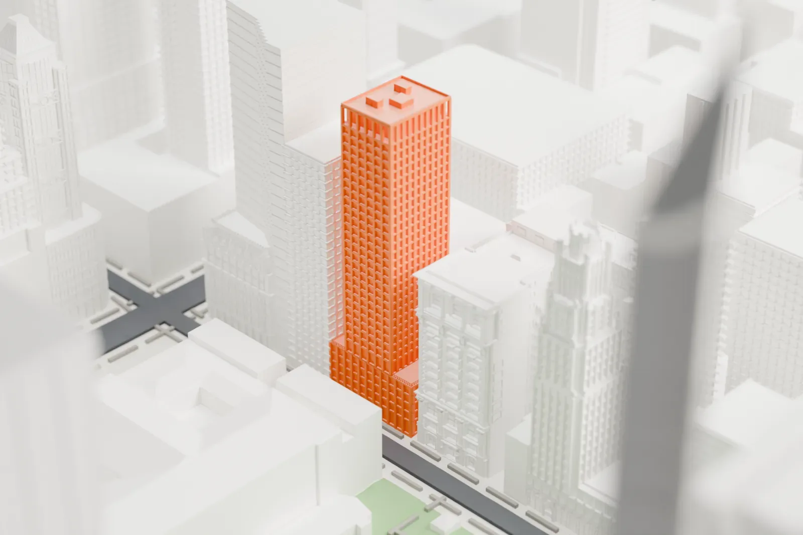 A white 3D print of The Bryant, a tall slim building with a grid of windows, rising among older ornate buildings and taller towers on a dense city block.