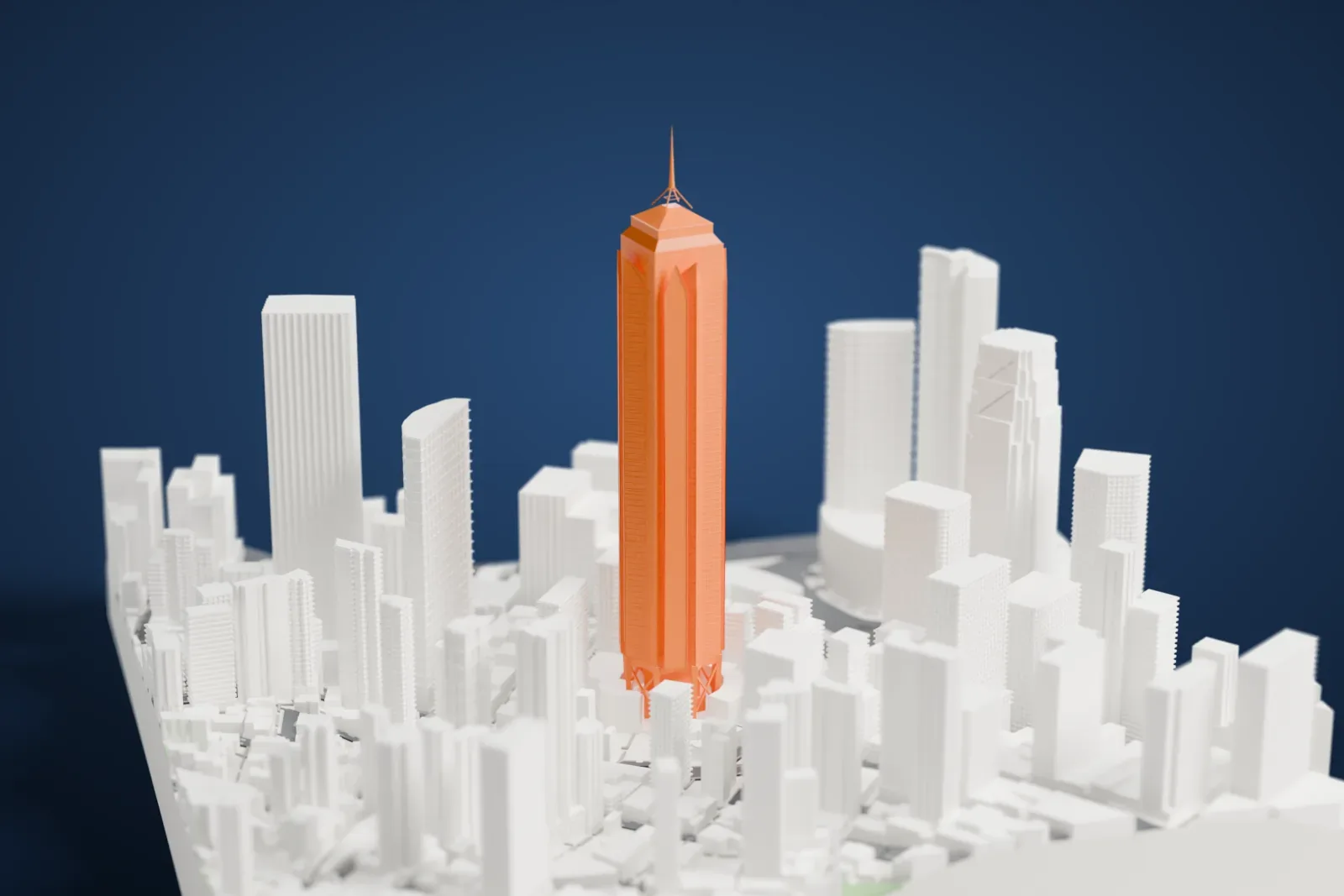 A white 3D print of The Center, a very tall slender tower with a stepped crown and a thin spire, rising above lower skyscrapers in Hong Kong.