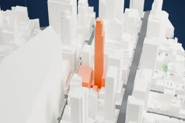A white 3D print of the The Centrale model in New York, with the streets around it.