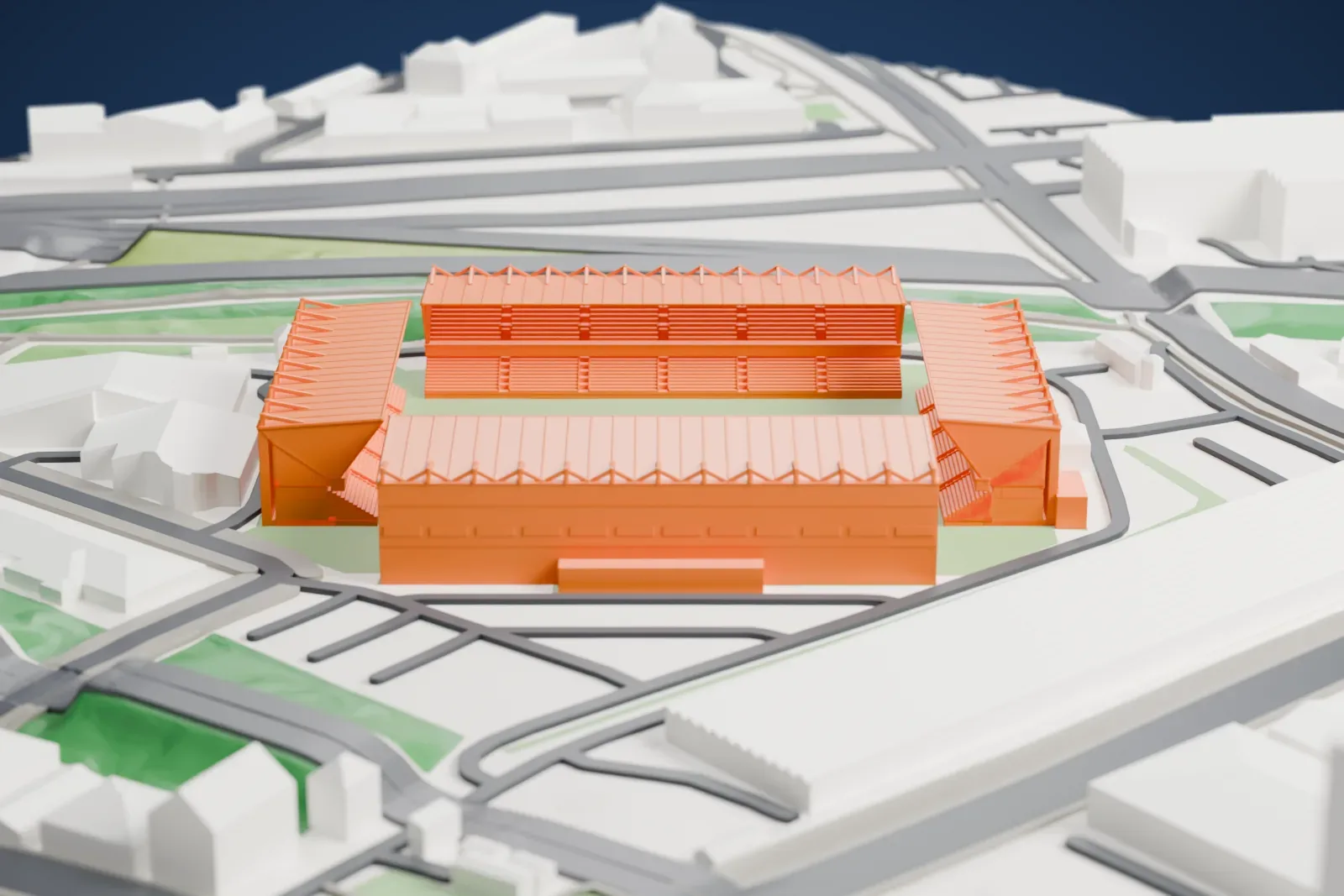 A white 3D print of The Den, a football stadium with stands around the pitch, set among the streets and buildings of southeast London.