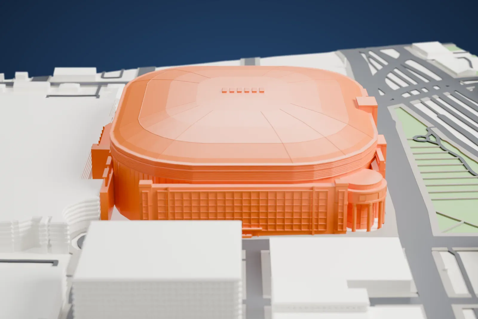 A white 3D print of The Dome at America's Center, a broad domed stadium among the surrounding streets and buildings.