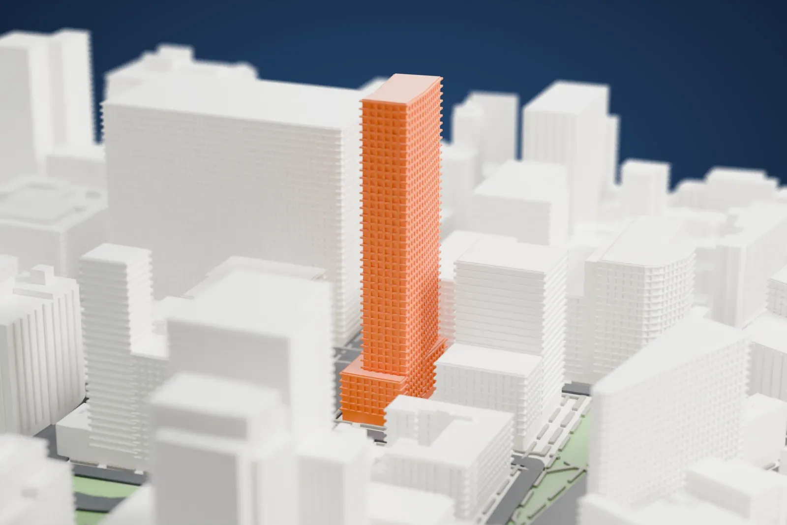 A white 3D print of The Dominick, a tall, slim tower with a detailed flat top, among mid-rise buildings, streets and small green patches.