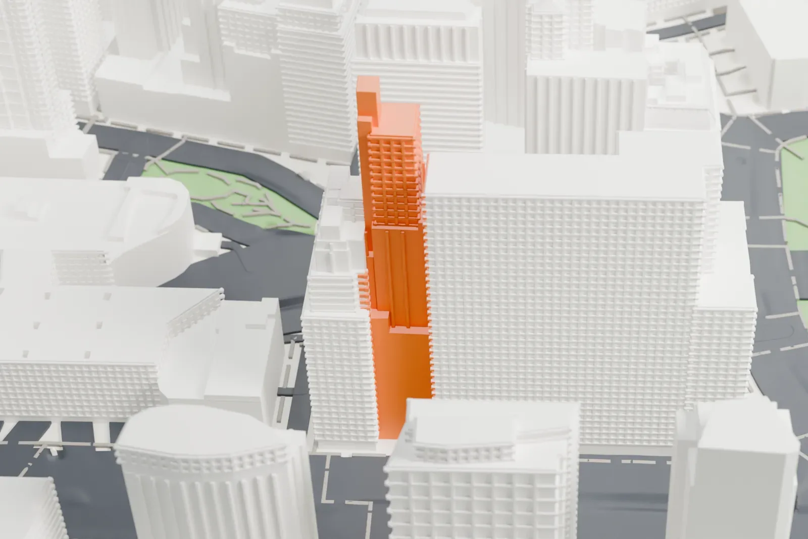 A white 3D print of The Downtown Club, a tall, narrow tower with stepped setbacks and a busy crown, rising among wider, boxier high-rise buildings near a strip of park.