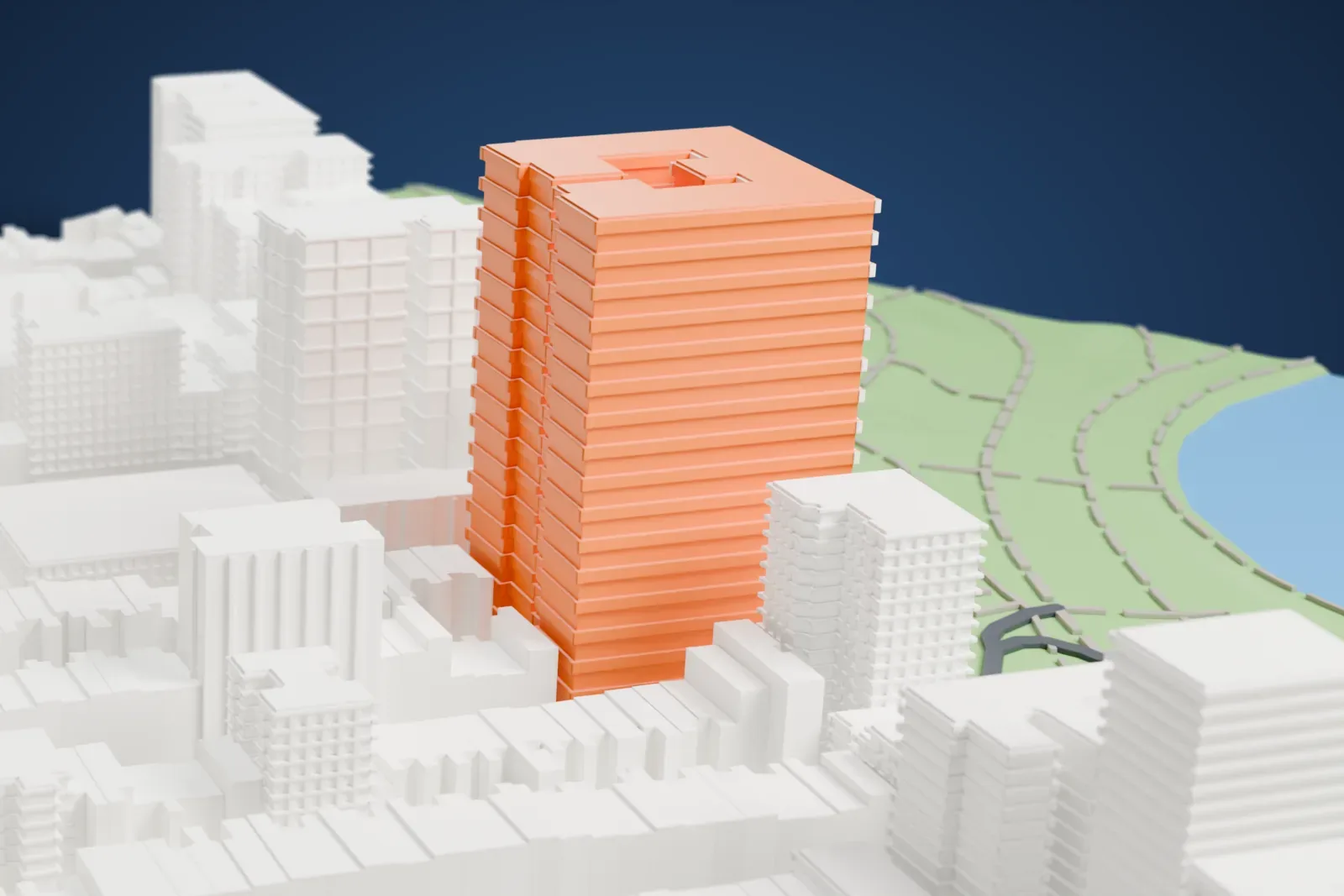 A white 3D print of the El Dorado, an apartment building with two tall crowned towers rising from a stepped base, beside a park and water.