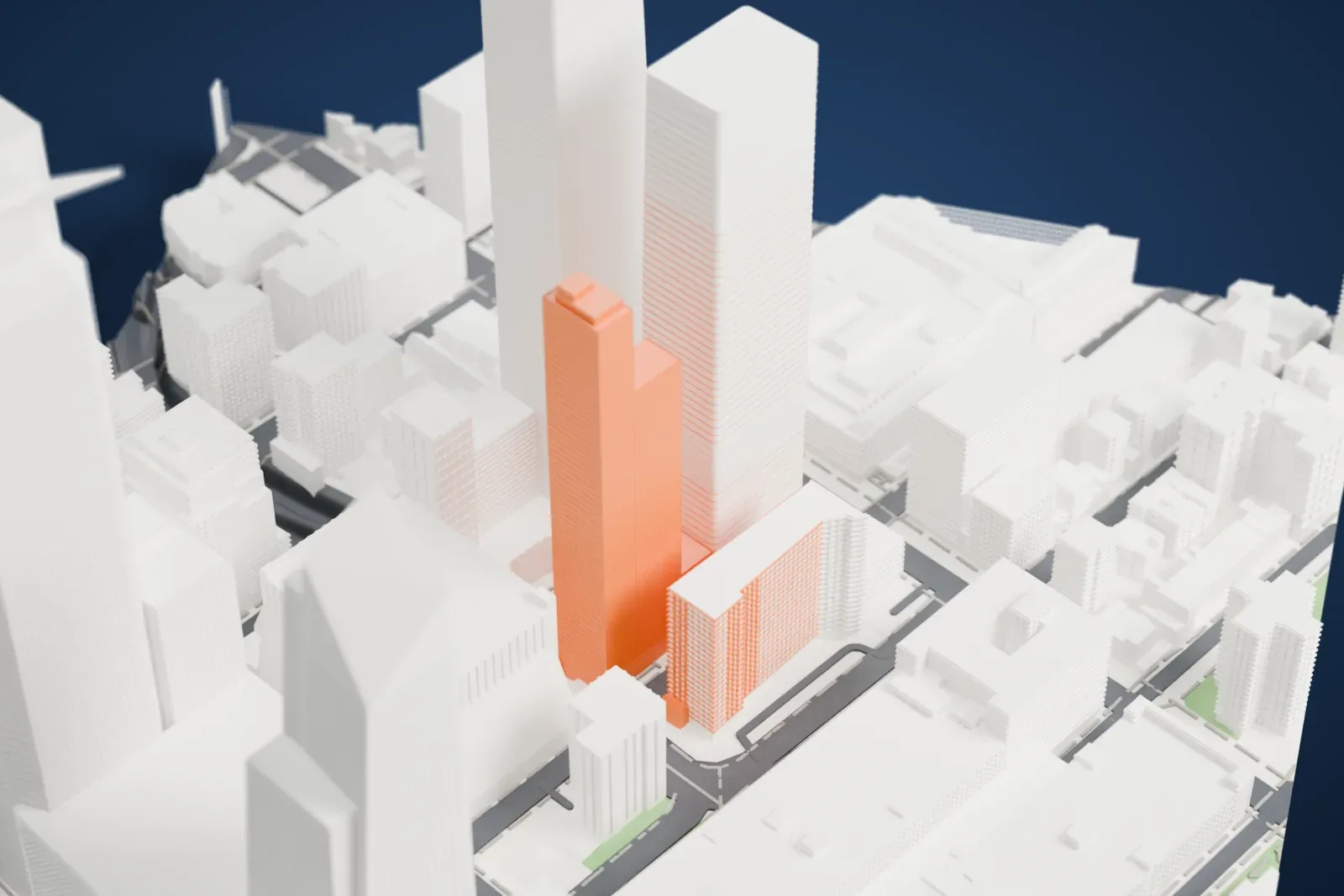 A white 3D print of The Eugene, a tall stepped residential tower rising among large neighboring high-rises and lower blocks.