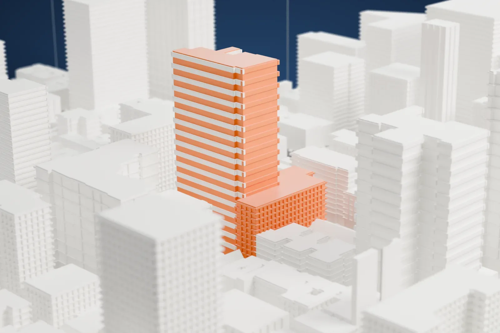 A white 3D print of The Forum, a tall tower with a sloping upper wall and stepped lower levels, standing between larger neighboring buildings.