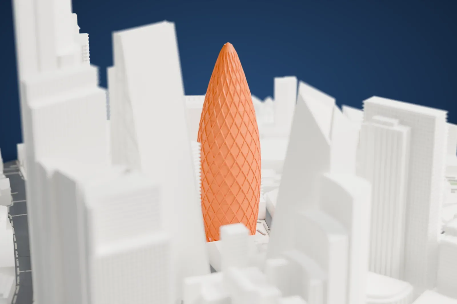 A white 3D print of the Gherkin, a bullet-shaped tower wrapped in a diamond lattice, standing among taller towers and narrow streets in the City of London.