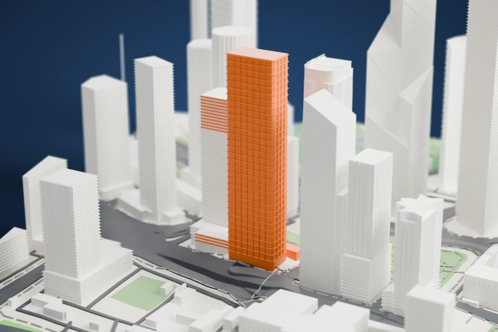 A white 3D print of The Henderson, a tall, slender tower with a gently wavy outline and a crown of three rounded lobes, standing among other skyscrapers.