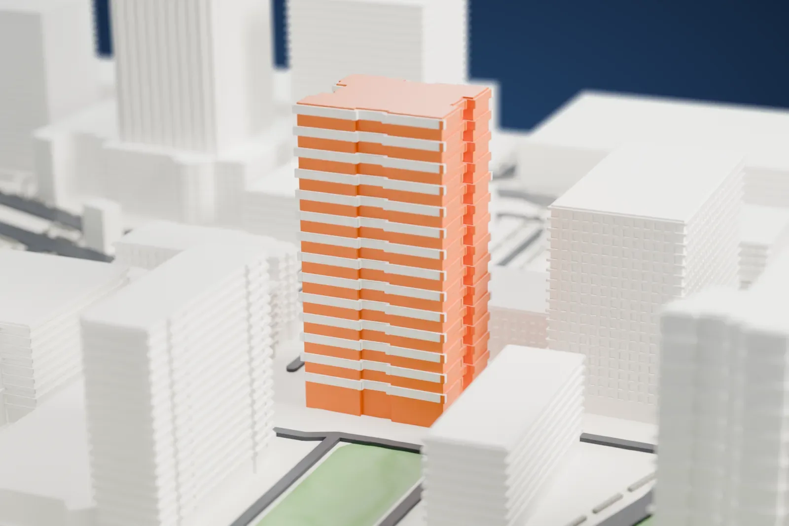 A white 3D print of The James Monroe, a tall rectangular tower with corner balconies and roof structures, standing among mid-rise buildings with water and a green strip beyond.