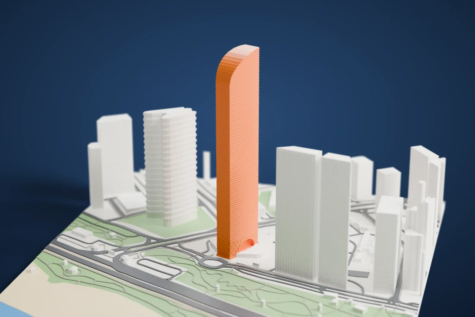 A white 3D print of The Landmark, a tall skyscraper with a rounded crown, rising among surrounding streets and buildings in Abu Dhabi.