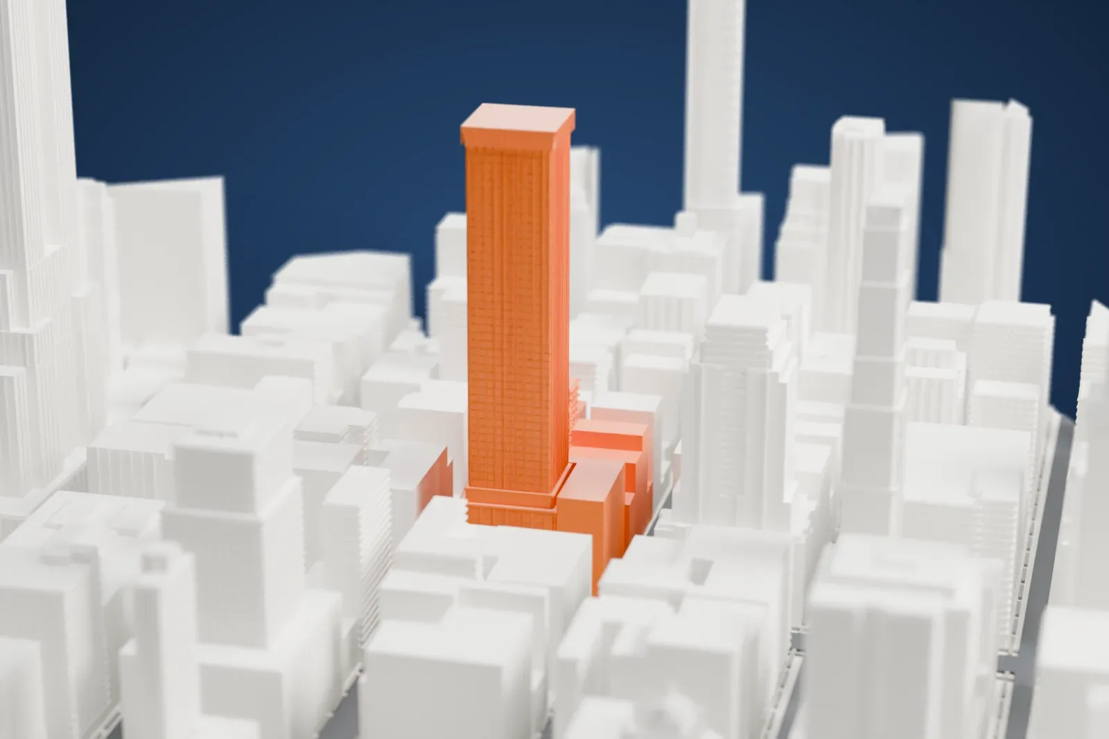 A white 3D print of The Langham, New York, a tall, slim tower with a flat overhanging crown, rising above dense city blocks.