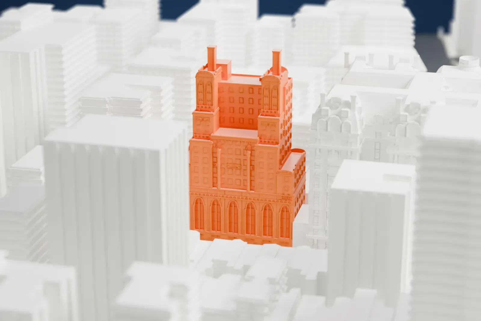 A white 3D print of The Level Club, a stepped brick tower with twin chimney stacks and a row of tall arched windows at its base, among taller buildings.