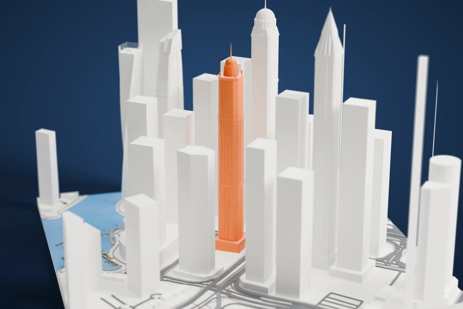 A white 3D print of The Marina Torch among the towers of Dubai Marina, with surrounding streets and buildings.