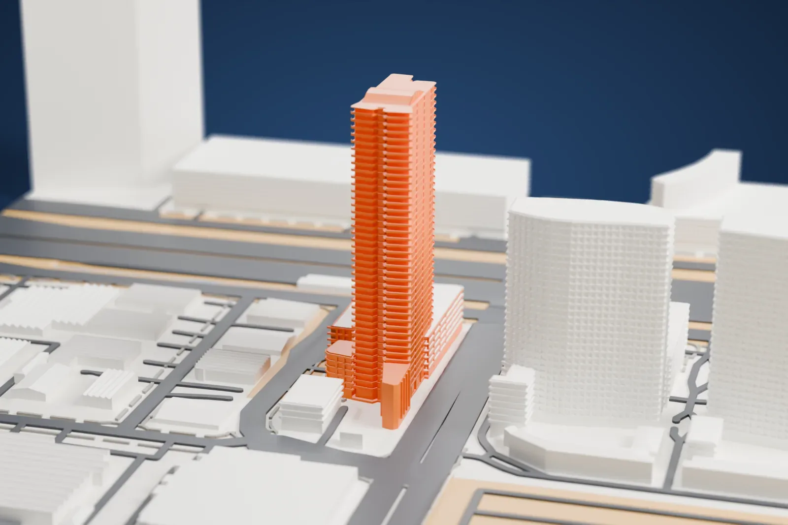 A white 3D print of The Martin, a tall slim tower with banded floors and a wider base, among roads and neighboring high-rises.
