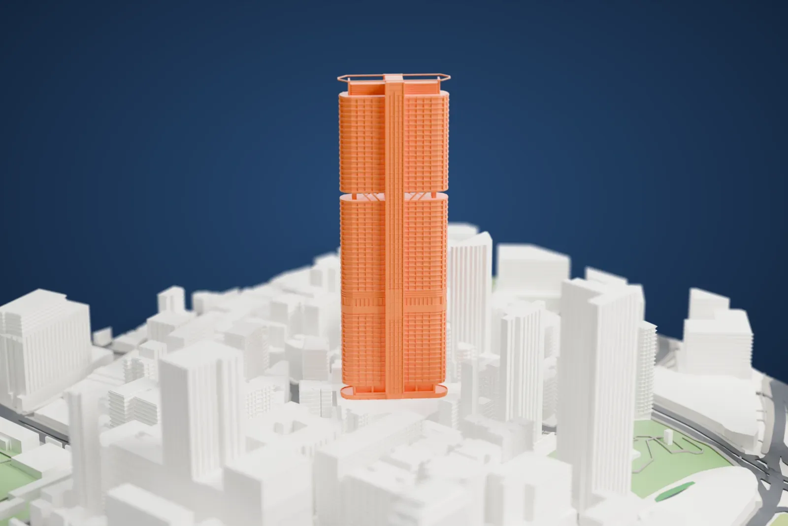 A white 3D print of The Masterpiece among the surrounding streets and buildings.