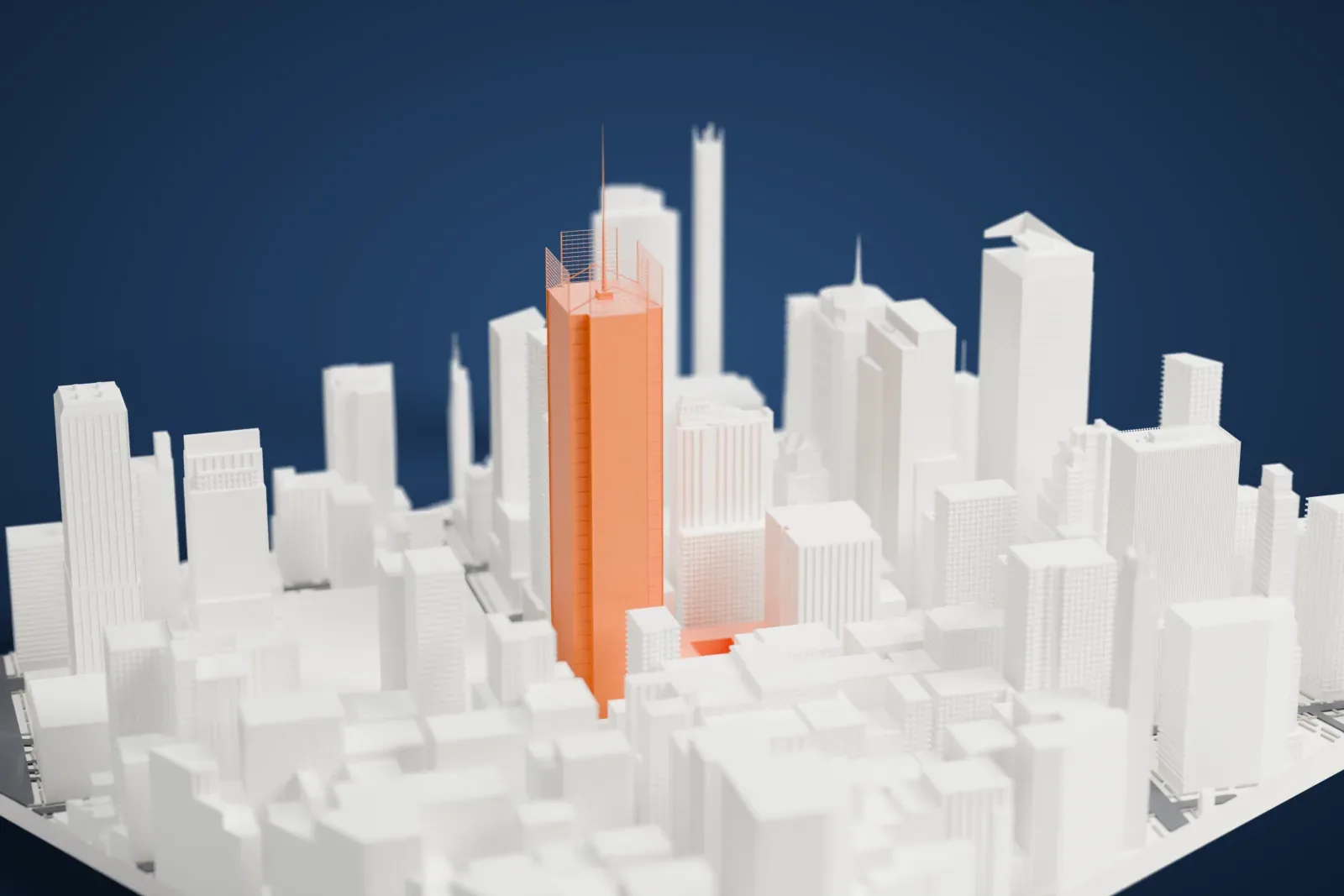 A white 3D print of The New York Times Building, a slender tower with notched corners and a thin mast, standing among dense tall buildings.