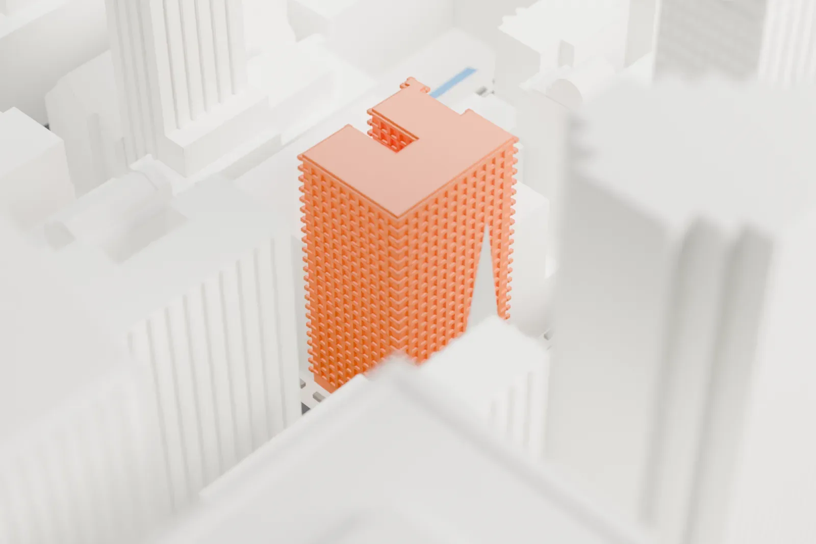 A white 3D print of The Peninsula New York, an ornate older hotel with a detailed roof, set between much taller Midtown towers.